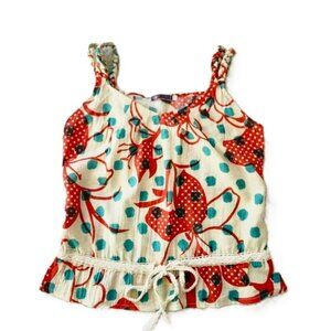Flower Red & Turquoise Polka Dot Floral Sleeveless Top with Braided Straps — Siz